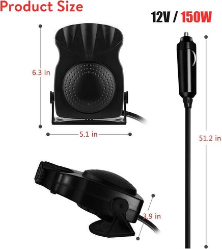 مروحة تبريد السيارة 12 فولت، تبريد وتسخين سريع 2 في 1 للزجاج الأمامي للسيارة، مزيل صقيع سخان السيارة المحمول الذي يتم توصيله بولاعة السجائر بقاعدة دوارة 180 درجة، مروحة تسخين وتبريد السيارة بقدرة 150 وات in Kuwait