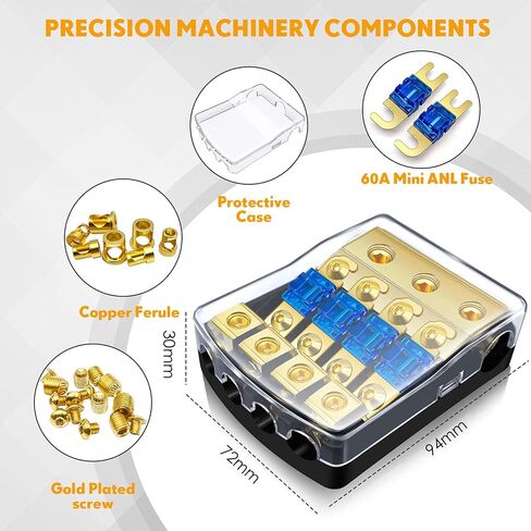 3 Way Mini ANL Fuse Holder, Copper 0/2/4 Gauge to 4/6/8 Gauge 60 Amp Fuse Distribution Block for Car Truck Boat Audio Stereo Amplifier in Kuwait