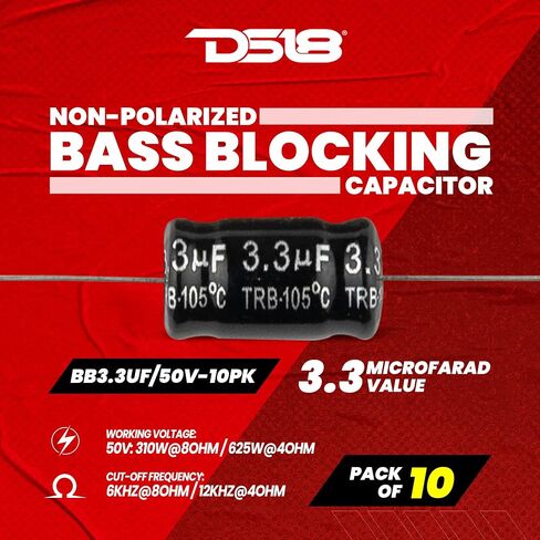 DS18 BB3.3UF/50V-10PK Bass Blocker 12KHz @ 4 ohms or 6KHz @ 8 ohms 6DB/OCT Tweeter - Non-Polar Electrolytic - Reproduce Clearer Highs Without Any Distortion - Electrolytic Capacitor - 10 pcs in Kuwait