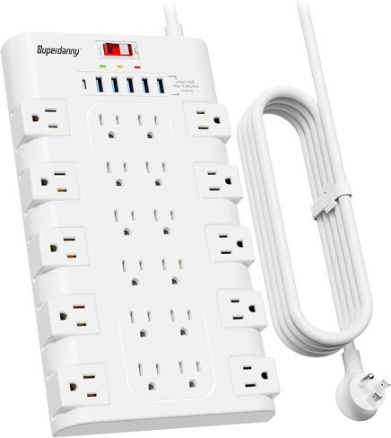 SUPERDANNY Power Strip Surge Protector, 22 AC 6 USB, 2100J, 6.5Ft,1875W/15A | 5A1C, Heavy Duty Extension Cord with Multiple Outlets, Flat Plug Outlet Extender for Home, Office, Dorm, Gaming Room, Black in Kuwait