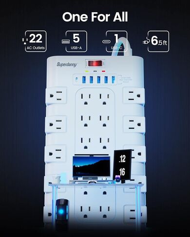 SUPERDANNY Power Strip Surge Protector, 22 AC 6 USB, 2100J, 6.5Ft,1875W/15A | 5A1C, Heavy Duty Extension Cord with Multiple Outlets, Flat Plug Outlet Extender for Home, Office, Dorm, Gaming Room, Black in Kuwait