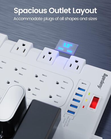 SUPERDANNY Power Strip Surge Protector, 22 AC 6 USB, 2100J, 6.5Ft,1875W/15A | 5A1C, Heavy Duty Extension Cord with Multiple Outlets, Flat Plug Outlet Extender for Home, Office, Dorm, Gaming Room, Black in Kuwait