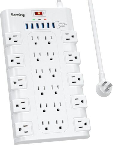 SUPERDANNY Power Strip Surge Protector, 22 AC 6 USB, 2100J, 6.5Ft,1875W/15A | 5A1C, Heavy Duty Extension Cord with Multiple Outlets, Flat Plug Outlet Extender for Home, Office, Dorm, Gaming Room, Black in Kuwait