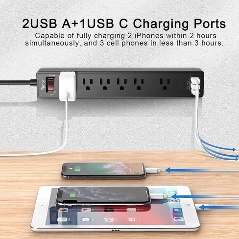 شريط طاقة بطول 6 اقدام، واقي من اندفاع التيار من ينتار مع 6 منافذ تيار متردد و3 منافذ USB، سلك تمديد بطول 6 اقدام للمنزل والمكتب واساسيات المسكن، 2100 جول، مدرج في قائمة اي تي ال، (اسود) in Saudi Arabia