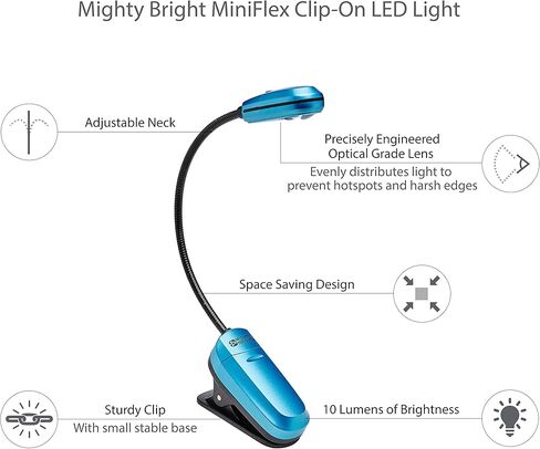ضوء القراءة الأصلي Mighty Bright MiniFlex ذو المشبك على الكتاب، 1 مصباح أبيض ساطع، مرن، متين، تصميم مضغوط مثالي لدودة الكتب والأطفال اقرأ في السرير، عمر بطارية 25 ساعة (أزرق) in Kuwait