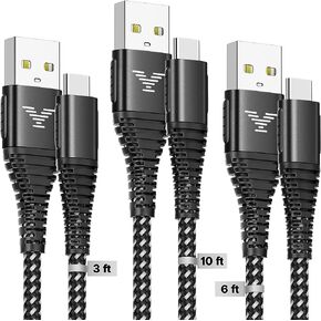 شاحن USB من النوع C كابل شحن سريع 3/6/10 قدم 3.1 أمبير سلك شاحن USBC مجدول من النايلون متوافق مع Samsung Galaxy S22 S21 S20 S10 S9 Plus Note 10 9 8 A12 A13 A53 Google Pixel 7 6 Moto G7 G8 Switch