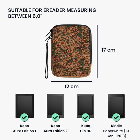 kwmobile eReader Case - 6,8-7" eReader Universal Cork Protective Sleeve Pouch - Heart Flower Red/Green/Light Brown in Saudi Arabia