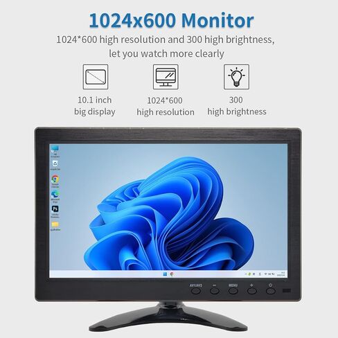 10.1 inch Security Monitor & Displays, 1024 * 600 Resolution, HD/BNC/AV/VGA/USB Input, Built-in Dual Speakers Portable LCD Monitor, Suitable for Game CCTV PC DVD DSLR in Kuwait