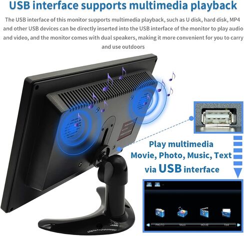 10.1 inch Security Monitor & Displays, 1024 * 600 Resolution, HD/BNC/AV/VGA/USB Input, Built-in Dual Speakers Portable LCD Monitor, Suitable for Game CCTV PC DVD DSLR in Kuwait