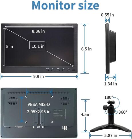 10.1 inch Security Monitor & Displays, 1024 * 600 Resolution, HD/BNC/AV/VGA/USB Input, Built-in Dual Speakers Portable LCD Monitor, Suitable for Game CCTV PC DVD DSLR in Kuwait