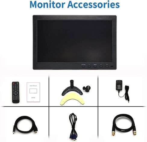 10.1 inch Security Monitor & Displays, 1024 * 600 Resolution, HD/BNC/AV/VGA/USB Input, Built-in Dual Speakers Portable LCD Monitor, Suitable for Game CCTV PC DVD DSLR in Kuwait