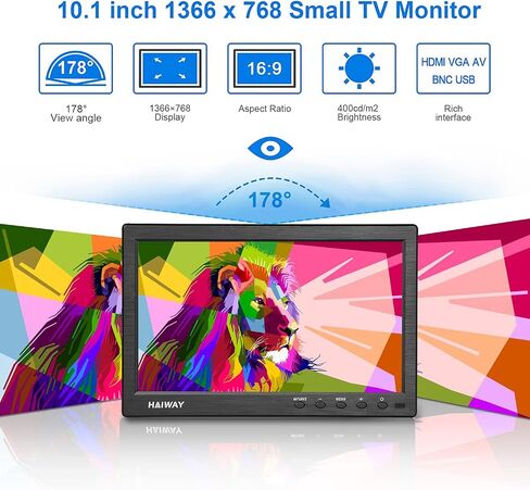 شاشة أمان Haiway مقاس 10.1 بوصة، دقة 1366 × 768 شاشة HDMI صغيرة شاشة محمولة صغيرة مع جهاز تحكم عن بعد مع مكبرات صوت مزدوجة مدمجة HDMI VGA BNC مدخل USB للألعاب CCTV Raspberry Pi PC in Kuwait