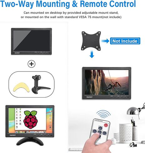 شاشة أمان Haiway مقاس 10.1 بوصة، دقة 1366 × 768 شاشة HDMI صغيرة شاشة محمولة صغيرة مع جهاز تحكم عن بعد مع مكبرات صوت مزدوجة مدمجة HDMI VGA BNC مدخل USB للألعاب CCTV Raspberry Pi PC in Kuwait