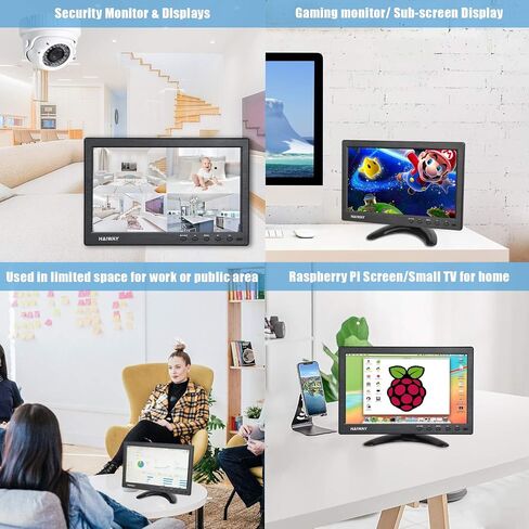 شاشة أمان Haiway مقاس 10.1 بوصة، دقة 1366 × 768 شاشة HDMI صغيرة شاشة محمولة صغيرة مع جهاز تحكم عن بعد مع مكبرات صوت مزدوجة مدمجة HDMI VGA BNC مدخل USB للألعاب CCTV Raspberry Pi PC in Kuwait