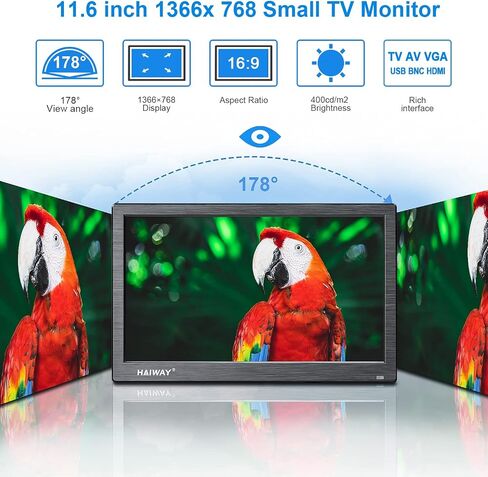 Haiway 11.6 inch Security Monitor 1366x768 CCTV Monitor Small HDMI Monitors | 16:9 LED Monitor,HDMI VGA BNC USB Input,Remote Control,Built-in Speakers,for CCTV NVR DVR Raspberry Pi PC,VESA 75x75MM,60Hz in Saudi Arabia