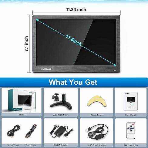Haiway 11.6 inch Security Monitor 1366x768 CCTV Monitor Small HDMI Monitors | 16:9 LED Monitor,HDMI VGA BNC USB Input,Remote Control,Built-in Speakers,for CCTV NVR DVR Raspberry Pi PC,VESA 75x75MM,60Hz in Saudi Arabia