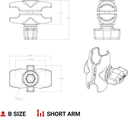 RAM MOUNTS Medium Double Socket Arm for B Size 1" Balls | Composite connector arm, compatible with B Size 1" ball bases in Saudi Arabia