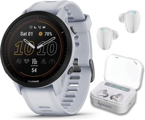 Wearable4U Garmin Forerunner 255 Music GPS Running 46 mm Smartwatch, Advanced Insights, Long-Lasting Battery, Whitestone White Earbuds Bundle in Saudi Arabia