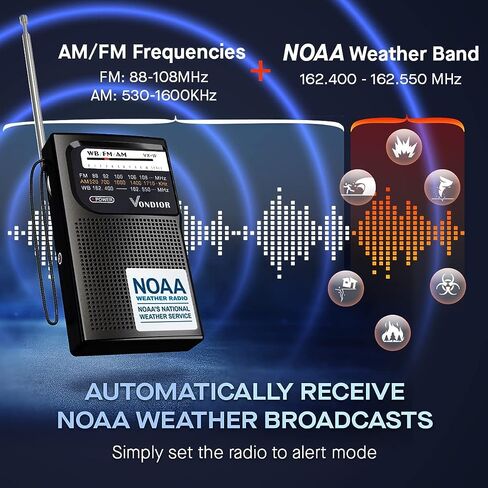 راديو الطقس NOAA - راديو محمول يعمل بالبطارية NOAA/AM/FM في حالات الطوارئ مع أفضل استقبال وأطول ترانزستور يدوم طويلاً. تعمل ببطاريتين AA مع مقبس سماعة رأس أحادي، من فونديور (فضي) in Saudi Arabia