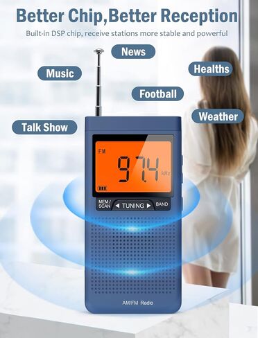راديو AM FM المحمول - راديو جيب مع أفضل استقبال، راديو ترانزستور مع شاشة رقمية كبيرة، مؤقت نوم، مقبس سماعة أذن ستيريو، ساعة منبه تعمل ببطاريتين AAA للركض والمشي (أزرق) in Saudi Arabia