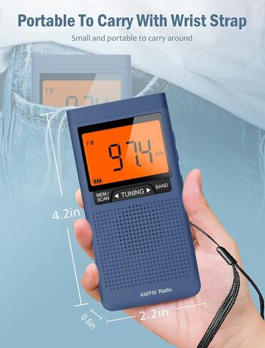 راديو AM FM المحمول - راديو جيب مع أفضل استقبال، راديو ترانزستور مع شاشة رقمية كبيرة، مؤقت نوم، مقبس سماعة أذن ستيريو، ساعة منبه تعمل ببطاريتين AAA للركض والمشي (أزرق) in Saudi Arabia