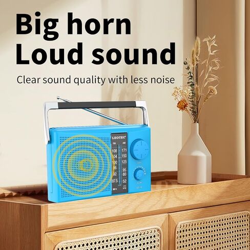 LEOTEC Portable AM FM Radio with Best Reception,Battery Operated or AC Power,Big Speaker,Large Tuning Knob,Clear Dial,Earphone Jack for Gift,Elder,Home | Strong reception,stable signal, AC power and 2*D cell battery, tuning knob,clear dial,big speaker,gif in Kuwait