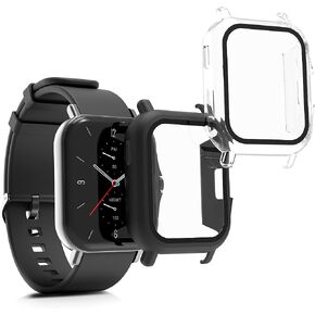 kwmobile Cover Comaptible with Huami Amazfit GTS 2 Covers - 2X Tempered Glass with Plastic Frame - Black/Green