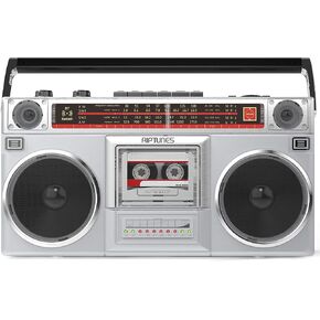 Riptunes Boombox Radio Cassette Player Recorder, AM/FM -SW1/SW2 Radio, Wireless Streaming, USB/Micro SD Slots, Aux in, Headphone Jack, Classic 80s Style Retro, Black
