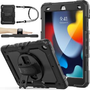 SEYMAC stock Case for iPad 9th/ 8th/ 7th Generation 10.2'', Shockproof Case with Screen Protector Pencil Holder [360° Rotating Hand Strap] &Stand, Case for iPad 10.2 inch 2021-2019 (Black)