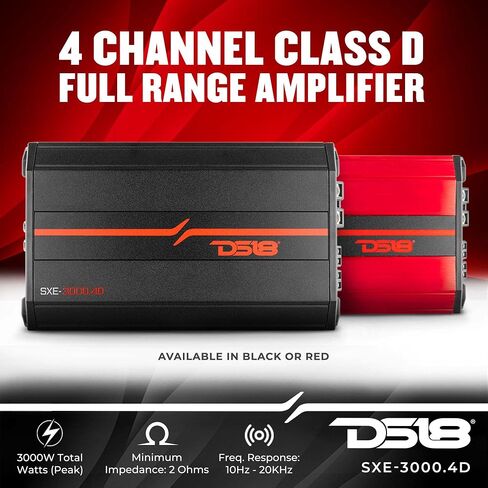 DS18 SXE-1200.4/RD Car Amplifier Stereo Full-Range Class A/B 4-Channel 60x4 RMS @4 OHM 1200 Watts - Powerful and Compact Amp for Speakers in Car Audio System in Kuwait