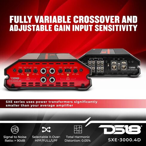 DS18 SXE-1200.4/RD Car Amplifier Stereo Full-Range Class A/B 4-Channel 60x4 RMS @4 OHM 1200 Watts - Powerful and Compact Amp for Speakers in Car Audio System in Kuwait