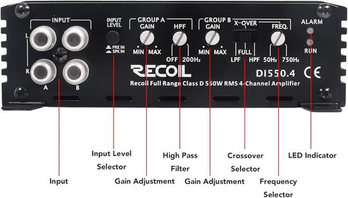 Recoil DI550.4 مضخم صوت السيارة كامل المدى من الفئة D ذو 4 قنوات، طاقة قصوى 1040 واط، مستقر 2-4 أوم، مصدر طاقة Mosfet، قابل للتوصيل in Kuwait