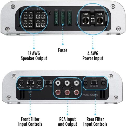 NVX VADM4 v2 Model 4-Channel Class D Amplifier 1000W Peak, 500W RMS | 2/4-ohm Stable, High/Low Pass X-Over, for Car/Truck/Marine/UTV/Motorcycle in Kuwait