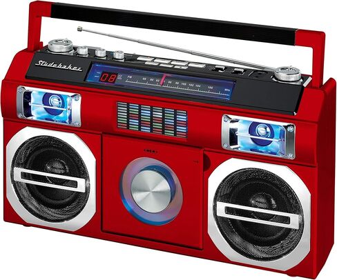 Studebaker SB2145B 80's Retro Street Bluetooth Boombox مع راديو FM ومشغل أقراص مضغوطة ومعادل LED وطاقة 10 وات RMS وAC/DC in Kuwait