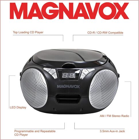 Magnavox MD6924 Portable Top Loading CD Boombox with AM/FM Stereo Radio in Black | CD-R/CD-RW Compatible | LED Display | AUX Port Supported | Programmable CD Player | in Saudi Arabia