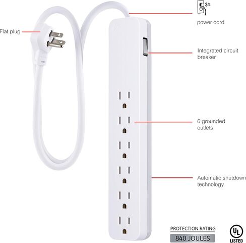GE Pro 6-Outlet Surge Protector 2 Pack, 2 Ft Extension Cord, White, 46867 & 6-Outlet Surge Protector, 4 Ft Extension Cord, Power Strip, 800 Joules, Flat Plug, Twist-to-Close Safety Covers, White in Kuwait