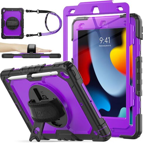 SEYMAC stock Case for iPad 9th/ 8th/ 7th Generation 10.2'', Shockproof with Screen Protector, Pencil Holder [360° Rotating Hand Strap] & Stand, for iPad 10.2 inch 2021-2019 (Black) in Kuwait