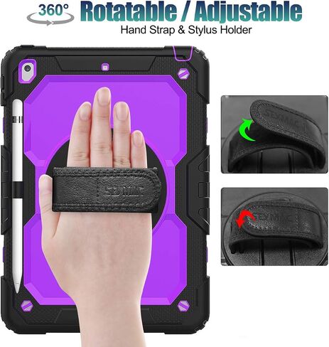 SEYMAC stock Case for iPad 9th/ 8th/ 7th Generation 10.2'', Shockproof with Screen Protector, Pencil Holder [360° Rotating Hand Strap] & Stand, for iPad 10.2 inch 2021-2019 (Black) in Kuwait
