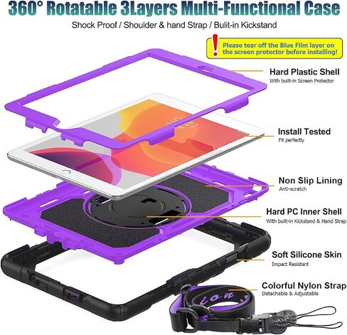 SEYMAC stock Case for iPad 9th/ 8th/ 7th Generation 10.2'', Shockproof with Screen Protector, Pencil Holder [360° Rotating Hand Strap] & Stand, for iPad 10.2 inch 2021-2019 (Black) in Kuwait