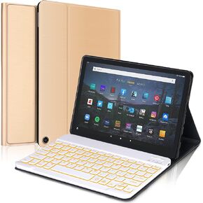 حافظة لوحة مفاتيح KVAGO لجهاز Fire HD 10 وFire HD 10 Plus Tablet (الجيل الحادي عشر) 2021 مقاس 10.1 بوصة، لوحة مفاتيح بلوتوث قابلة للفصل مع إضاءة خلفية بـ 7 ألوان، غطاء فوليو ذكي واقٍ من جلد البولي يوريثان، ذهبي in Kuwait