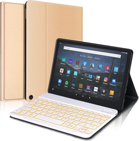 حافظة لوحة مفاتيح KVAGO لجهاز Fire HD 10 وFire HD 10 Plus Tablet (الجيل الحادي عشر) 2021 مقاس 10.1 بوصة، لوحة مفاتيح بلوتوث قابلة للفصل مع إضاءة خلفية بـ 7 ألوان، غطاء فوليو ذكي واقٍ من جلد البولي يوريثان، ذهبي in Kuwait