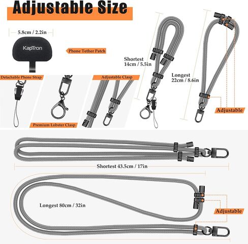 Kaptron 2Pcs Cell Phone Lanyard: Universal Adjustable Crossbody Phone Strap and Wrist Strap, with 2 Lobster Clips and 2 Tether Patches, Compatible with Most iPhone and Android Smartphones (Gray) in Kuwait