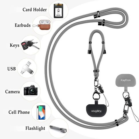 Kaptron 2Pcs Cell Phone Lanyard: Universal Adjustable Crossbody Phone Strap and Wrist Strap, with 2 Lobster Clips and 2 Tether Patches, Compatible with Most iPhone and Android Smartphones (Gray) in Kuwait
