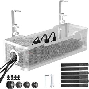 Under Desk Cable Management Tray Black, Cinati Cable Management Under Desk No Drill, Cable Tray with Clamp for Desk Wire Management,Desk Cable Management Box for Office, Home - No Damage to Desk