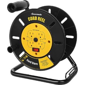 DEWENWILS Extension Cord Storage Reel with 4-Grounded Outlets, Heavy Duty Open Cord Reel for 12/3,14/3,16/3 Gauge Power Cord, Hand Wind Retractable, 13A Circuit Breaker, Yellow, ETL Listed in Saudi Arabia