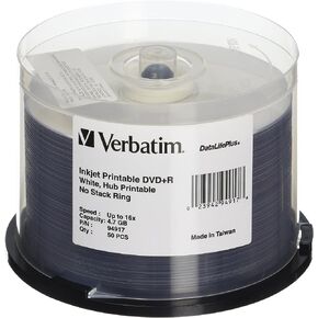 Verbatim DVD+R 4.7GB 16X DataLifePlus White Inkjet Printable, Hub Printable - 50pk Spindle - 94917, White | 4.7GB capacity with 16x speed and Metal Azo dye for data backup, disc duplication and archival storage in Saudi Arabia