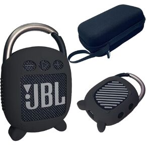 Hard Carrying Case and Silicone Cover for JBL Clip 4 Portable Bluetooth Speaker, Protective Travel Case Storage for JBL Clip 4 (Hard Case+Silicone Cover) (Black)