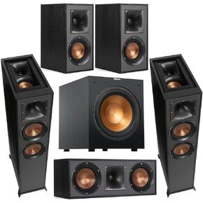 نظام المسرح المنزلي Klipsch Reference 5.1 مع مكبر صوت أرضي 2X R-625FA Dolby Atmos، R-12SW 12؛ مضخم صوت بقوة 400 واط، قناة مركزية ثنائية الاتجاه R-52C، سماعات رف الكتب R-41M (زوج)، أسود in Saudi Arabia