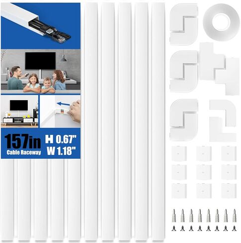 Delamu Cord Hider, 157in Wire Covers for Cords on Wall, Premium Cable Hider Cord Covers for Wires, Cable Management Wire Hiders for TV, Cable Raceway Kit, W0.95 H0.55in, White in Kuwait