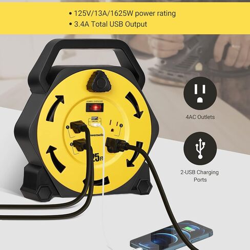 بكرة سلك DEWENWILS مع 4 منافذ طاقة، 2 منافذ USB (شحن سريع 3.4 أمبير)، بكرة سلك تمديد قابلة للسحب بطول 25 قدمًا، كابل SJTW 16/3 عالي التحمل، قاطع دائرة 13 أمبير، رياح يدوية، مدرج في قائمة UL in Kuwait